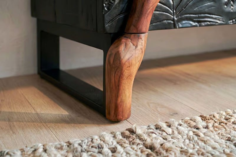 Massives Sideboard FOREST 160cm schwarz braun Mangoholz sechs Fächer 3D-Front