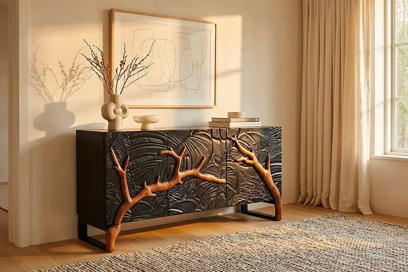 Massives Sideboard FOREST 160cm schwarz braun Mangoholz sechs Fächer 3D-Front