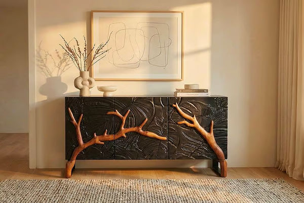 Massives Sideboard FOREST 160cm schwarz braun Mangoholz sechs Fächer 3D-Front