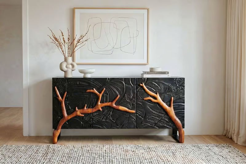 Massives Sideboard FOREST 160cm schwarz braun Mangoholz sechs Fächer 3D-Front