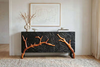 Massives Sideboard FOREST 160cm schwarz braun Mangoholz sechs Fächer 3D-Front