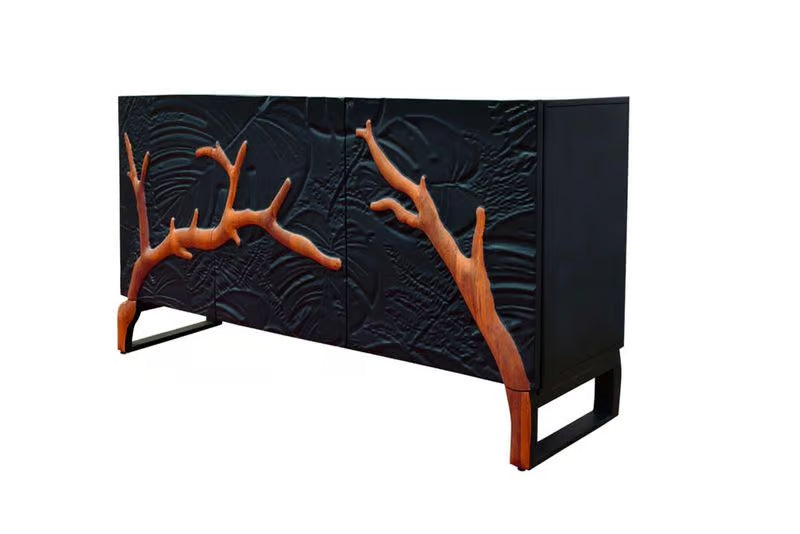 Massives Sideboard FOREST 160cm schwarz braun Mangoholz sechs Fächer 3D-Front