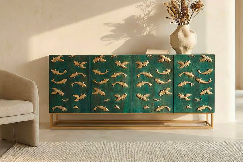 Massives Sideboard GOLDEN LAGOON 180cm türkis gold Mangoholz Metall 3D-Front