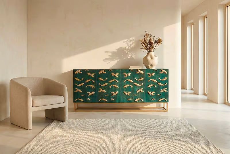 Massives Sideboard GOLDEN LAGOON 180cm türkis gold Mangoholz Metall 3D-Front