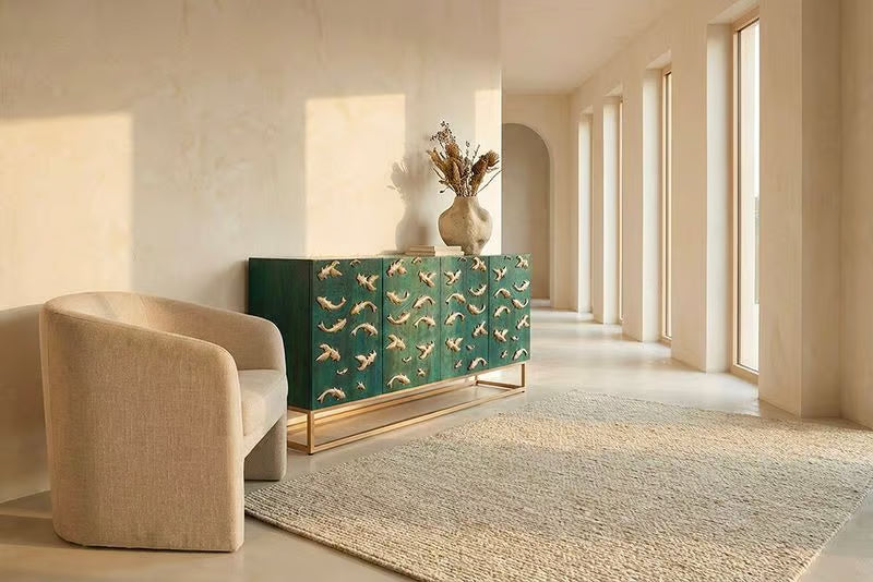 Massives Sideboard GOLDEN LAGOON 180cm türkis gold Mangoholz Metall 3D-Front