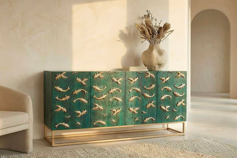 Massives Sideboard GOLDEN LAGOON 180cm türkis gold Mangoholz Metall 3D-Front