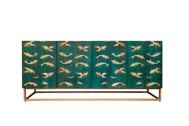 Massives Sideboard GOLDEN LAGOON 180cm türkis gold Mangoholz Metall 3D-Front