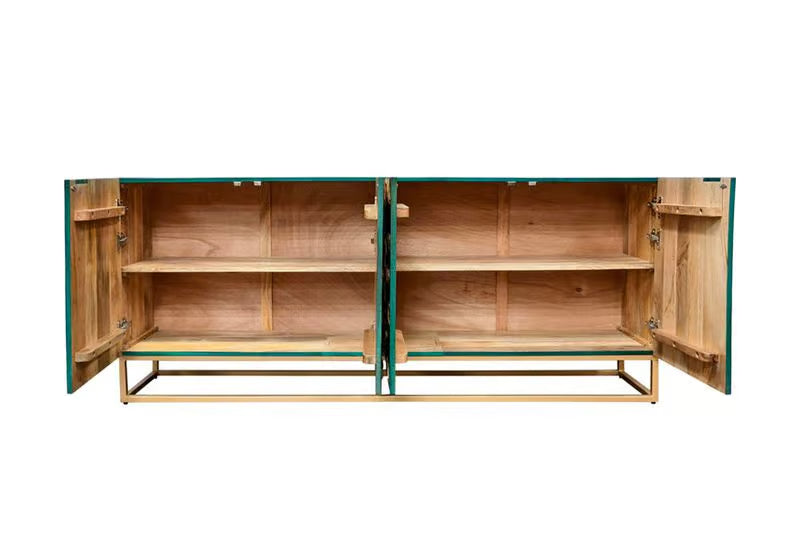Massives Sideboard GOLDEN LAGOON 180cm türkis gold Mangoholz Metall 3D-Front