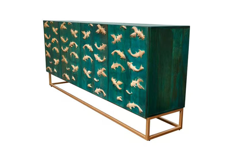 Massives Sideboard GOLDEN LAGOON 180cm türkis gold Mangoholz Metall 3D-Front