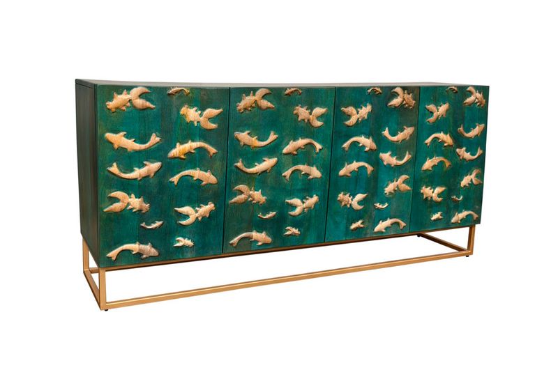 Massives Sideboard GOLDEN LAGOON 180cm türkis gold Mangoholz Metall 3D-Front