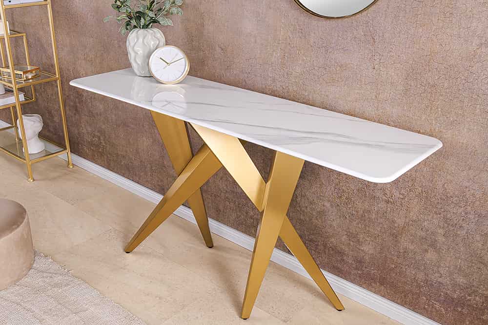 ART LIVING Moderner Couchtisch weiß Marmor Keramik champagner gold brushed
