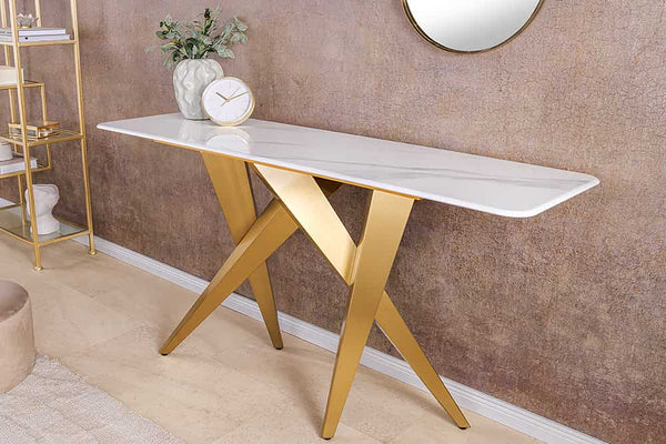 ART LIVING Moderner Couchtisch weiß Marmor Keramik champagner gold brushed