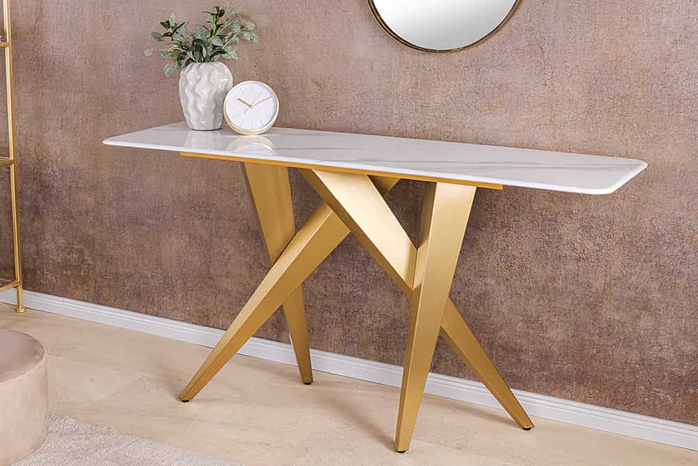 ART LIVING Moderner Couchtisch weiß Marmor Keramik champagner gold brushed