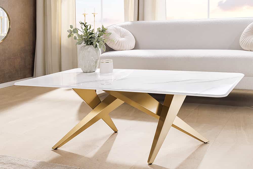 ART LIVING Moderner Couchtisch weiß Marmor Keramik champagner gold brushed