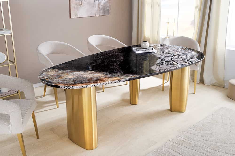 ORGANIC Design Esstisch 200cm grau weiß braun Naturstein Marmor Metall brushed gold
