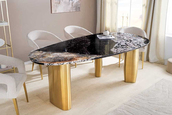 ORGANIC Design Esstisch 200cm grau weiß braun Naturstein Marmor Metall brushed gold
