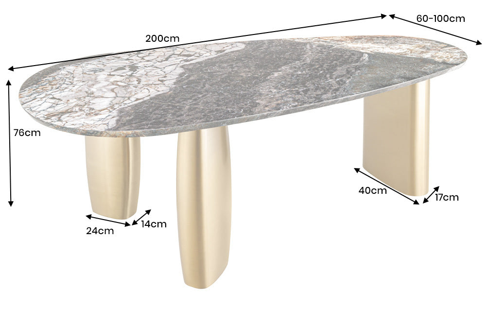 ORGANIC Design Esstisch 200cm grau weiß braun Naturstein Marmor Metall brushed gold