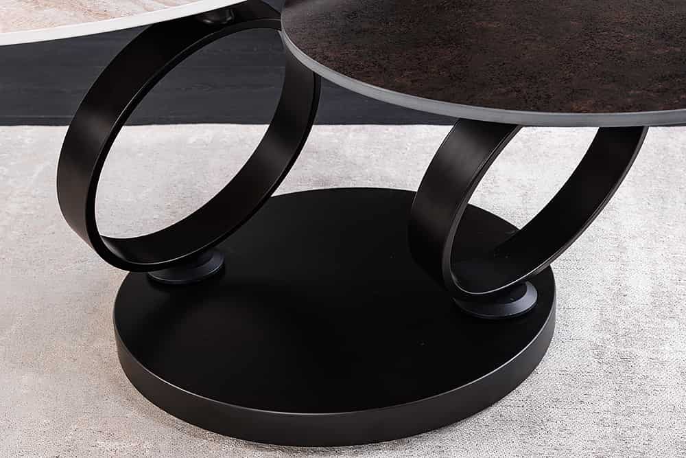DANCING RINGS Design Couchtisch rost rund drehbar Travertin Keramik bronze Gestell
