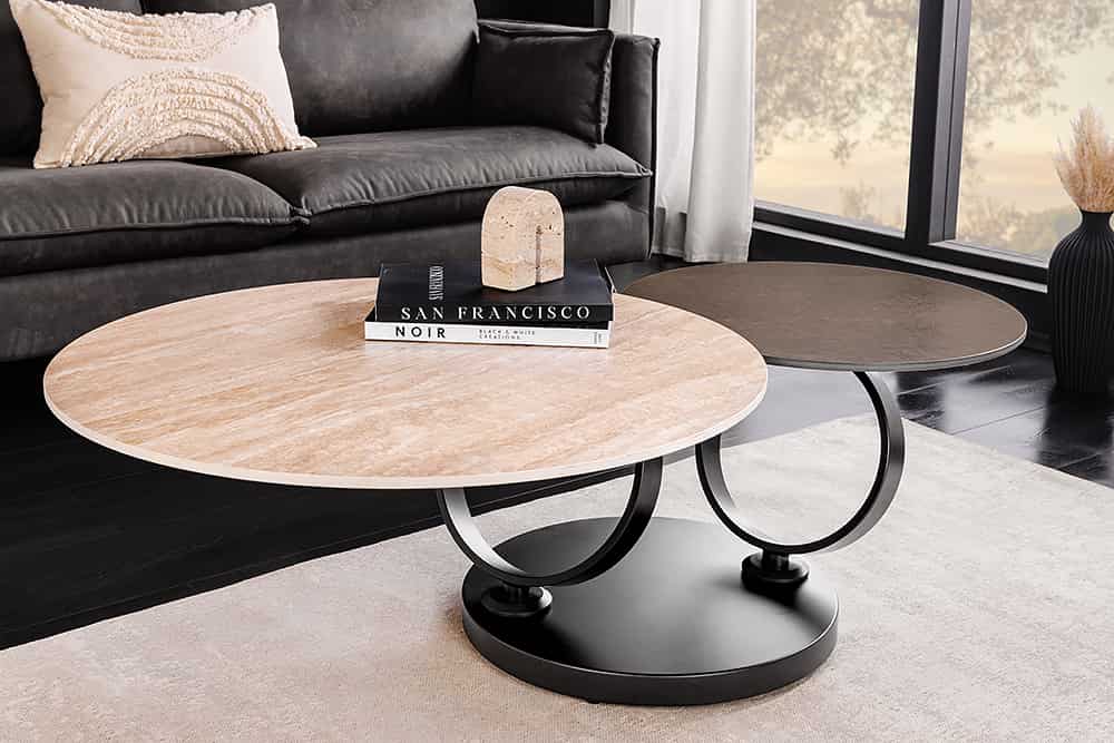 DANCING RINGS Design Couchtisch rost rund drehbar Travertin Keramik bronze Gestell