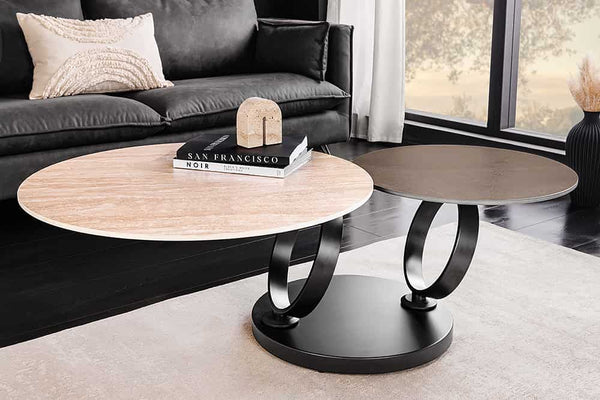 DANCING RINGS Design Couchtisch rost rund drehbar Travertin Keramik bronze Gestell