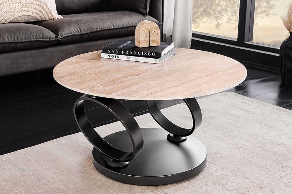 DANCING RINGS Design Couchtisch rost rund drehbar Travertin Keramik bronze Gestell