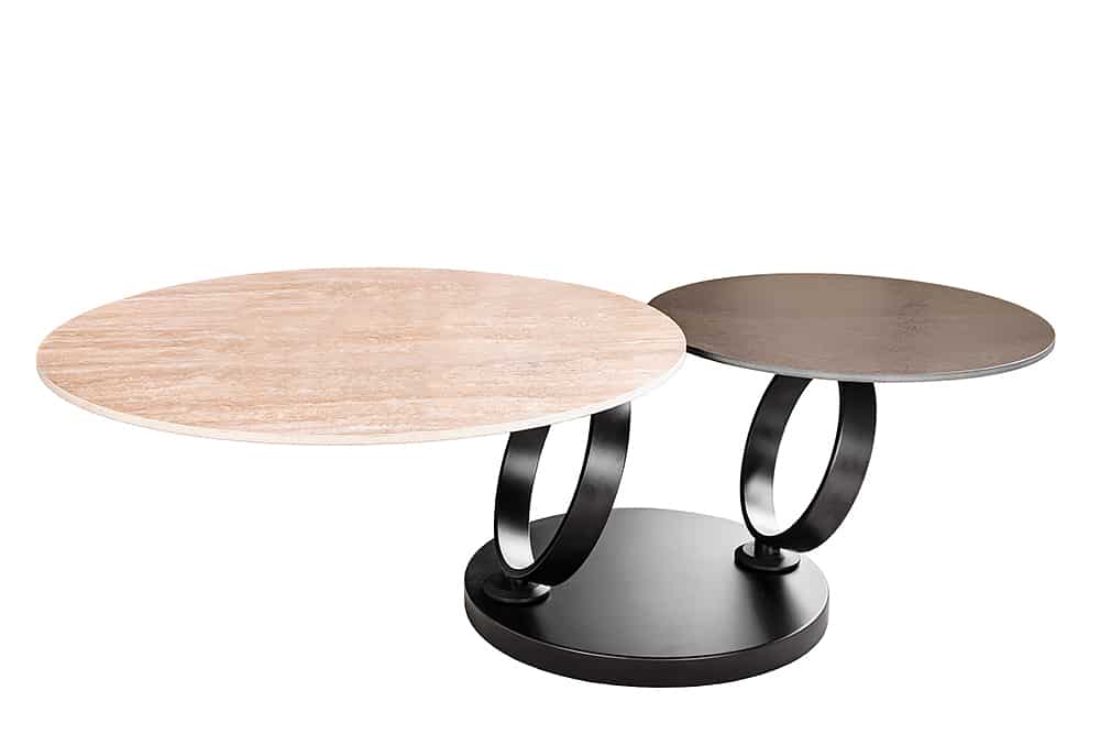 DANCING RINGS Design Couchtisch rost rund drehbar Travertin Keramik bronze Gestell