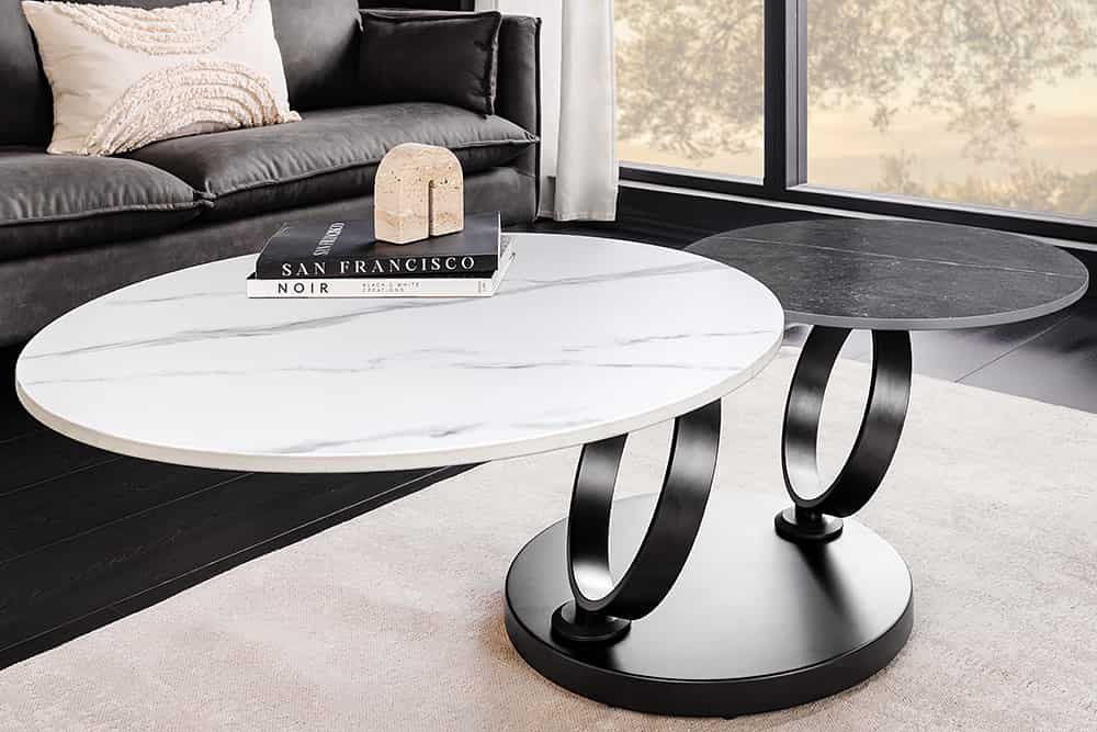 DANCING RINGS Design Couchtisch weiß anthrazit rund drehbar Marmor Keramik schwarz