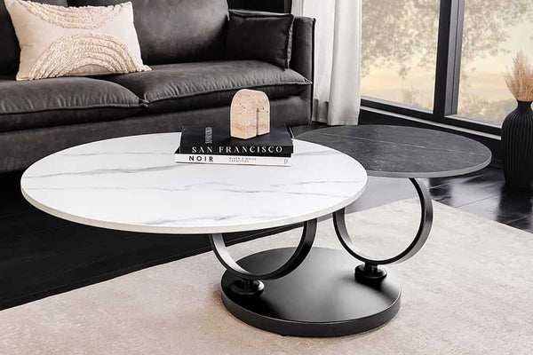 DANCING RINGS Design Couchtisch weiß anthrazit rund drehbar Marmor Keramik schwarz