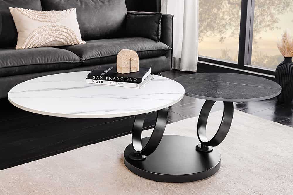 DANCING RINGS Design Couchtisch weiß anthrazit rund drehbar Marmor Keramik schwarz