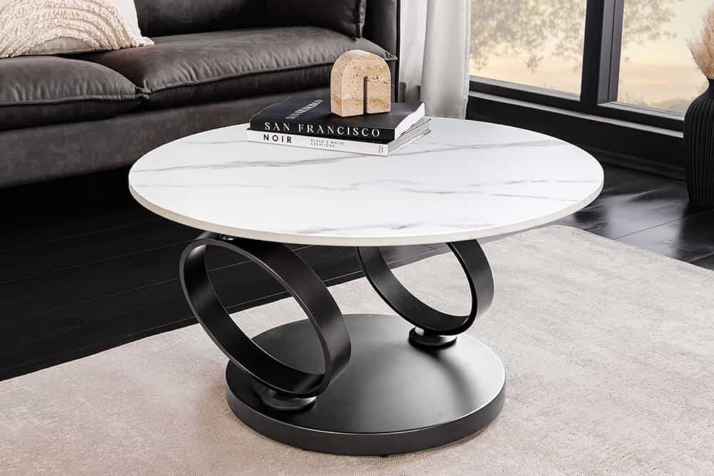 DANCING RINGS Design Couchtisch weiß anthrazit rund drehbar Marmor Keramik schwarz