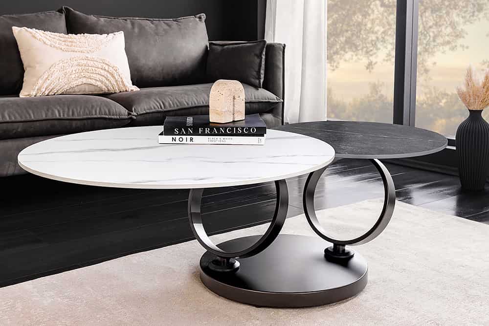 DANCING RINGS Design Couchtisch weiß anthrazit rund drehbar Marmor Keramik schwarz