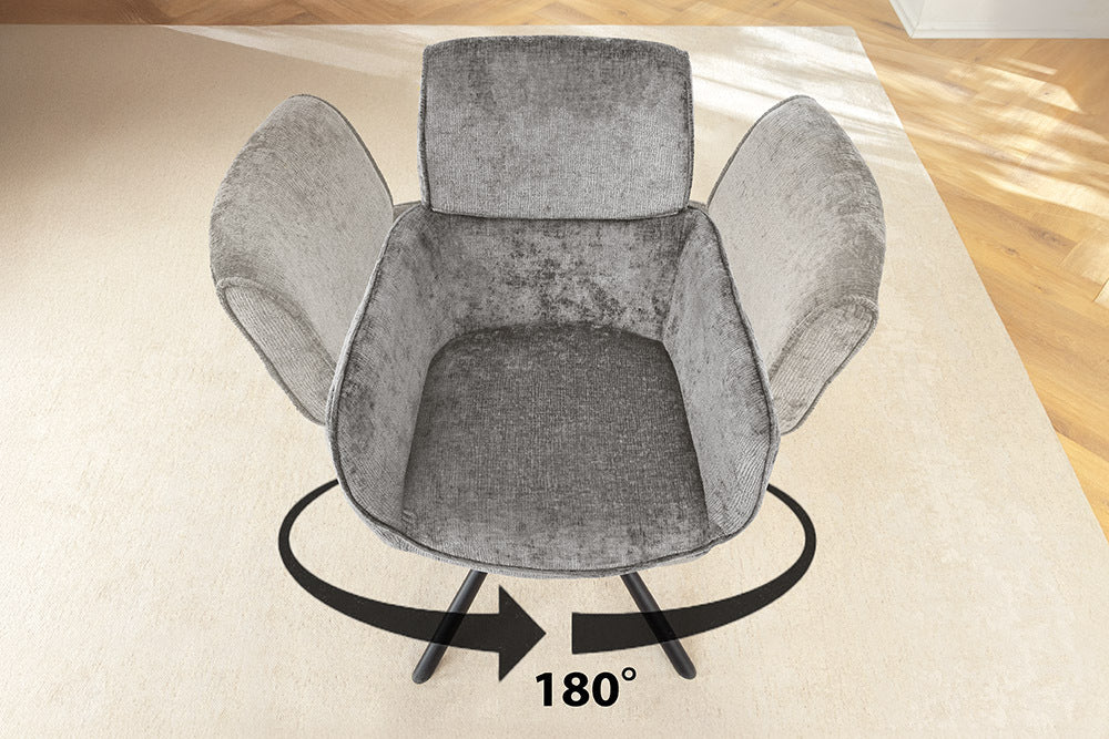 UNIQUE Drehbarer Retro Stuhl Chenille schwarzes Metallgestell mit Armlehne