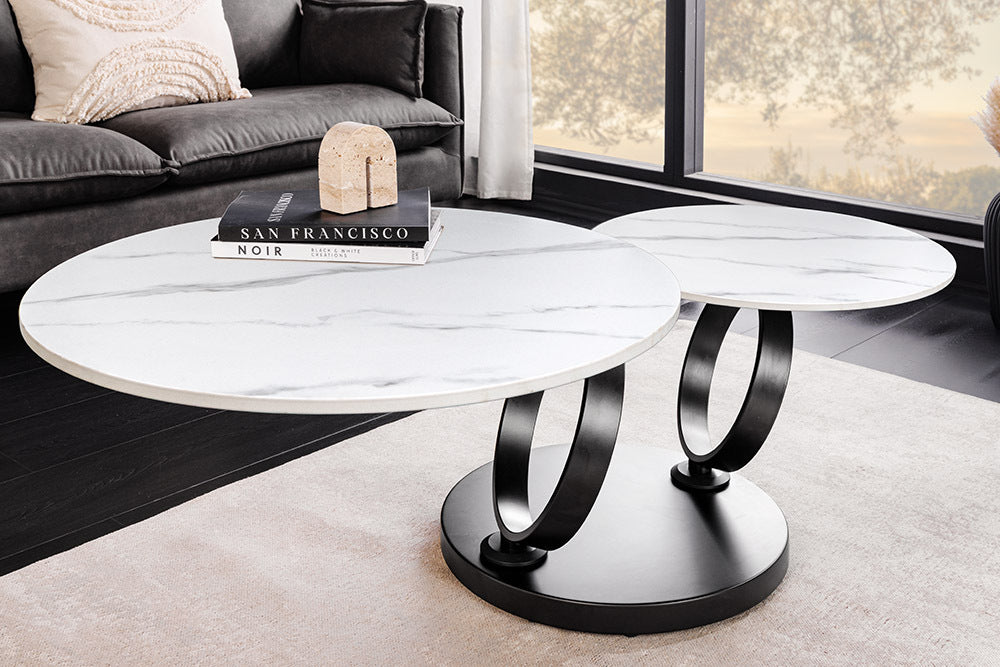 DANCING RINGS Design Couchtisch weiß rund drehbar Marmor Keramik schwarz Metall