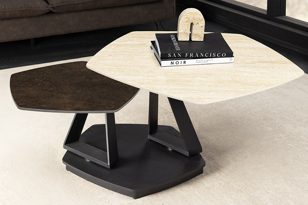 MOVEMENT Design Couchtisch rost fünfeckig drehbar Travertin Keramik schwarz Metall