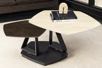 MOVEMENT Design Couchtisch rost fünfeckig drehbar Travertin Keramik schwarz Metall