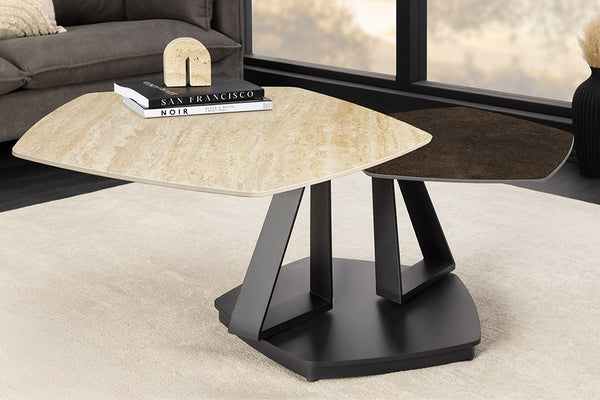 MOVEMENT Design Couchtisch rost fünfeckig drehbar Travertin Keramik schwarz Metall