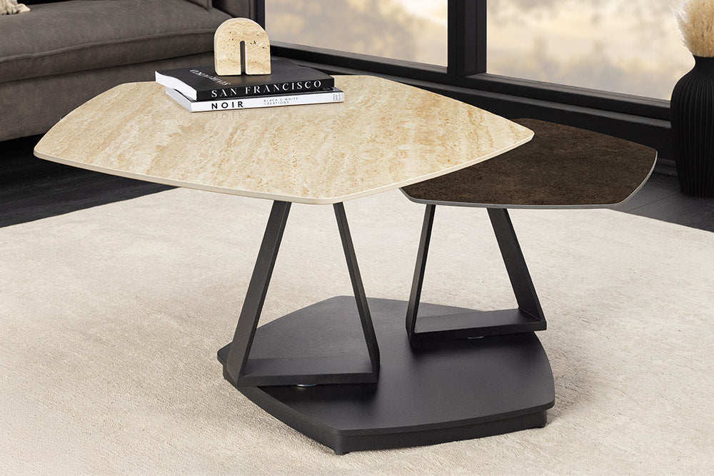 MOVEMENT Design Couchtisch rost fünfeckig drehbar Travertin Keramik schwarz Metall