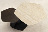 MOVEMENT Design Couchtisch rost fünfeckig drehbar Travertin Keramik schwarz Metall