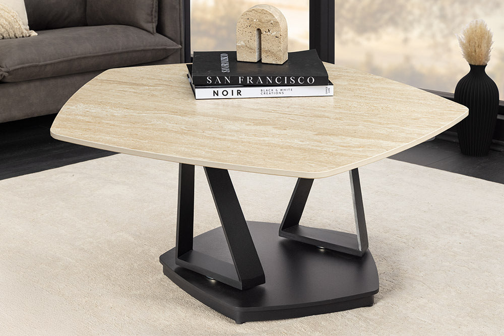 MOVEMENT Design Couchtisch rost fünfeckig drehbar Travertin Keramik schwarz Metall