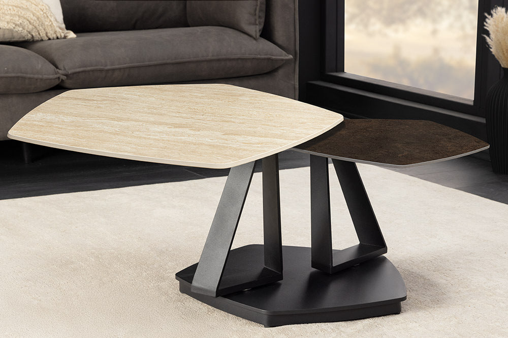 MOVEMENT Design Couchtisch rost fünfeckig drehbar Travertin Keramik schwarz Metall