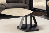 MOVEMENT Design Couchtisch rost fünfeckig drehbar Travertin Keramik schwarz Metall