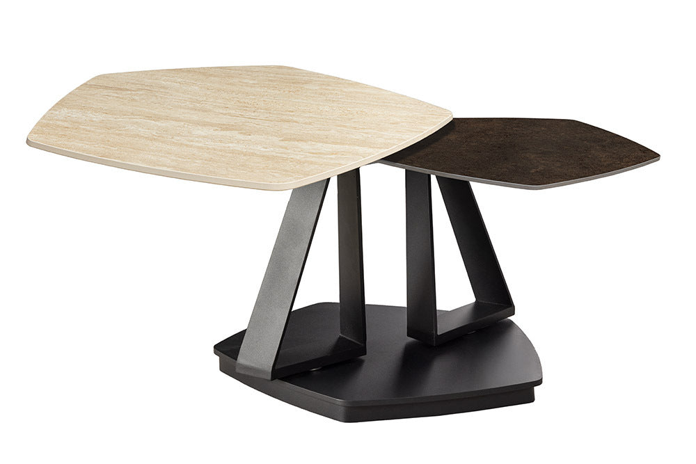 MOVEMENT Design Couchtisch rost fünfeckig drehbar Travertin Keramik schwarz Metall