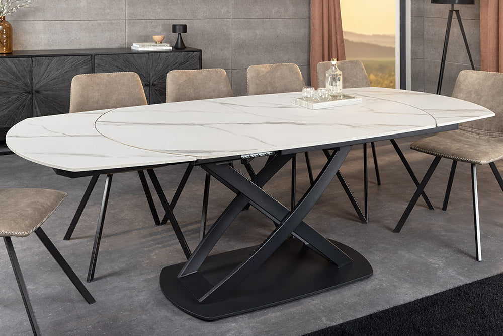 INCEPTION Ausziehbarer Esstisch 130-190cm weiß Marmor Keramik schwarzes Metallgestell