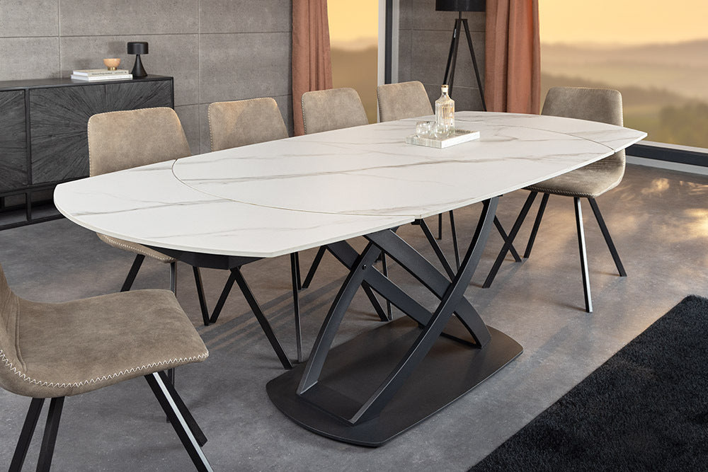 INCEPTION Ausziehbarer Esstisch 130-190cm weiß Marmor Keramik schwarzes Metallgestell
