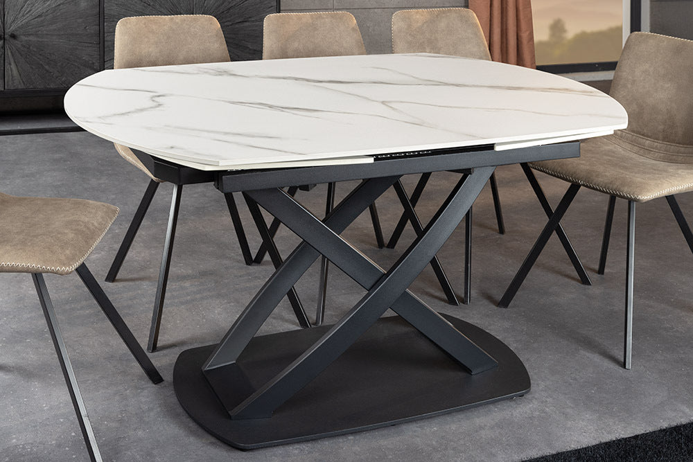 INCEPTION Ausziehbarer Esstisch 130-190cm weiß Marmor Keramik schwarzes Metallgestell
