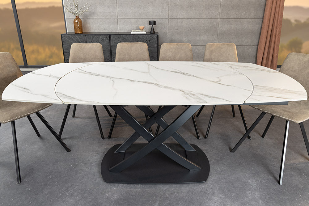 INCEPTION Ausziehbarer Esstisch 130-190cm weiß Marmor Keramik schwarzes Metallgestell