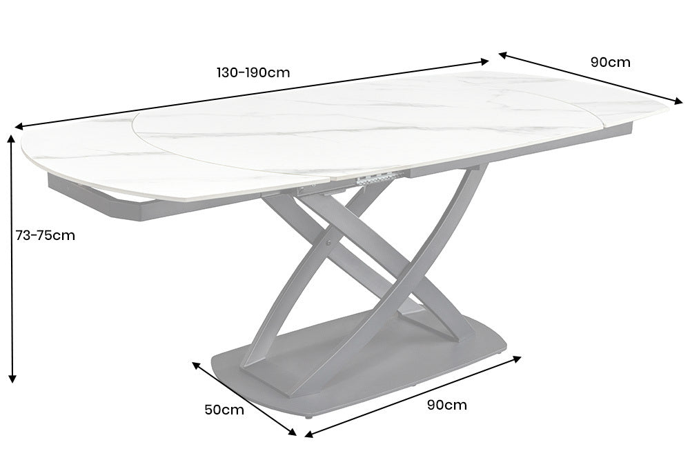 INCEPTION Ausziehbarer Esstisch 130-190cm weiß Marmor Keramik schwarzes Metallgestell