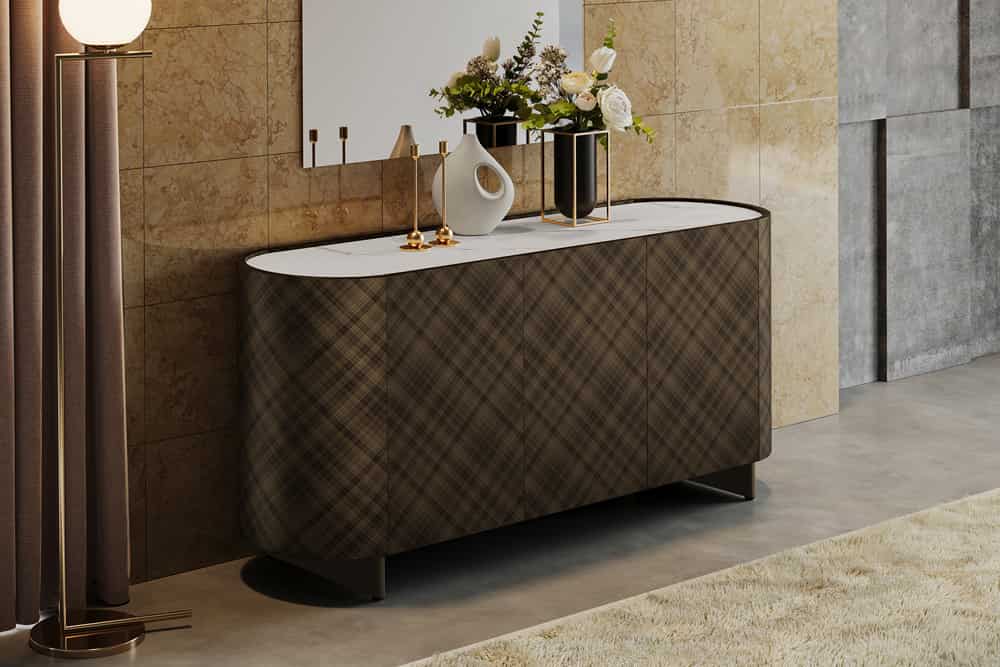 REFLECTION Design Sideboard 150cm weiß Keramik Marmor bronze 3D Effekt brushed Finish