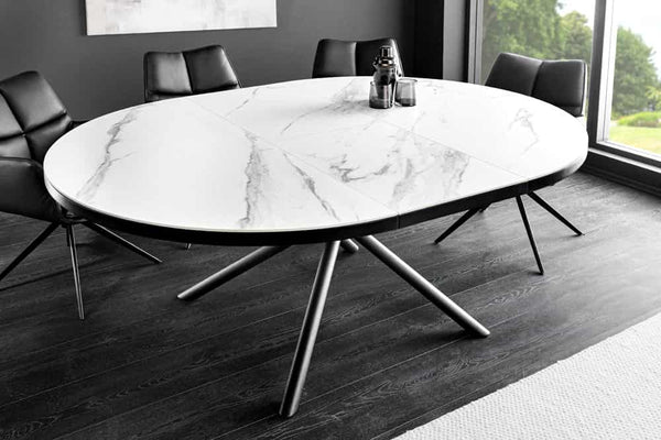 MIKADO Ausziehbarer Esstisch 120-160cm weiß Keramik oval schwarz Sterngestell