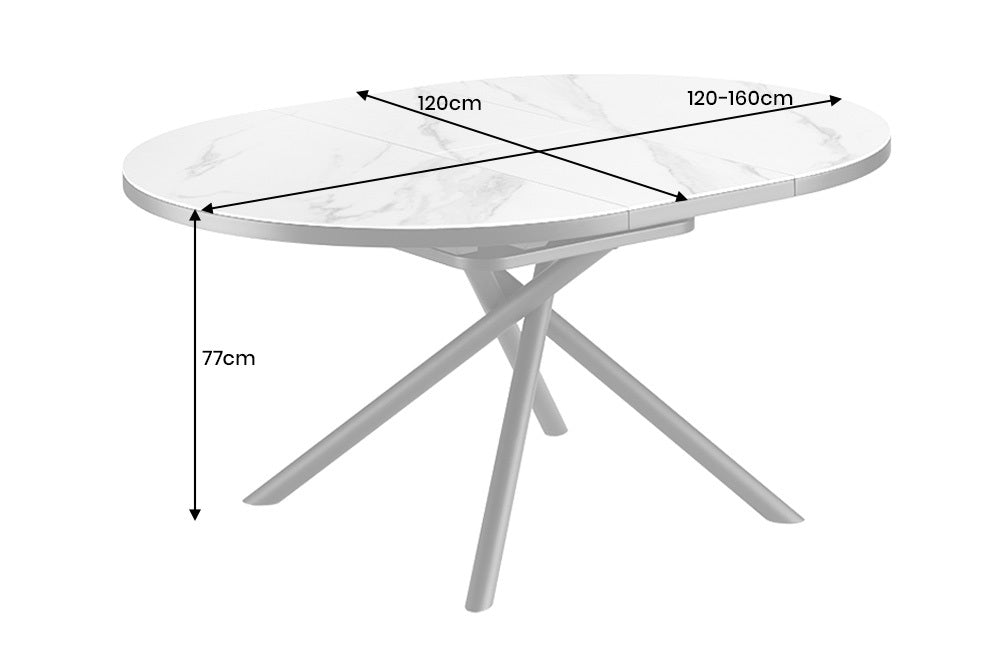 MIKADO Ausziehbarer Esstisch 120-160cm weiß Keramik oval schwarz Sterngestell